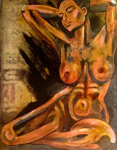 Black Nude Woman on Textured and patterned fabric.