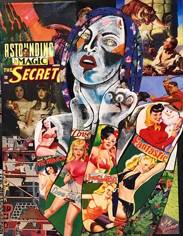 Collaged images of pin-up girls on female body.