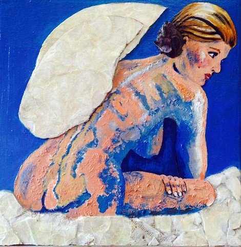 Back view of a seated Angel.