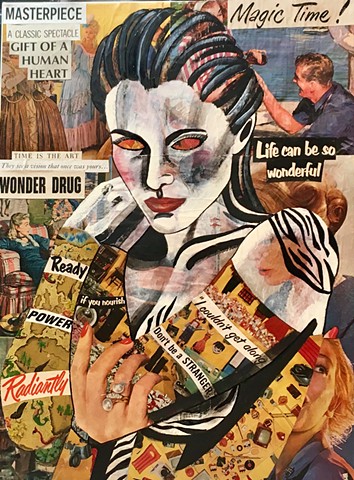 Antique magazine collage on woman and text.