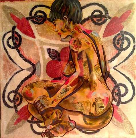 Portrait of a nude woman with comic book paper.