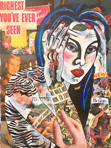 Collage and newspaper text on model with zebra stripes.