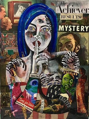 Collage and newspaper text on model with zebra stripes.