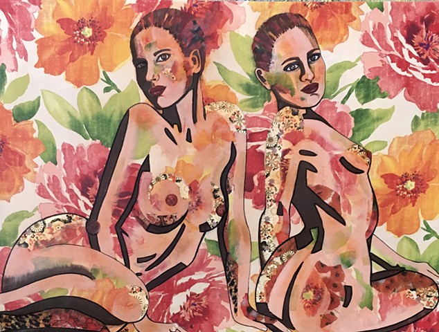 Duo of nude women in floral theme.