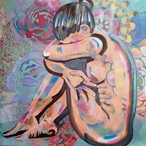 Nude woman with floral multi-color design. Pose is contemplative.