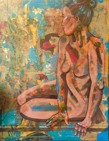 Study of nude woman in aqua colors