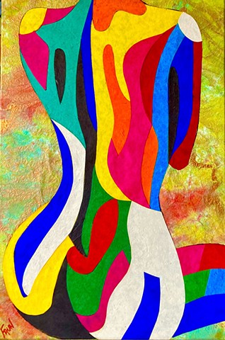 Collage decorative paper female nude. Color-blocked in bright colors.
