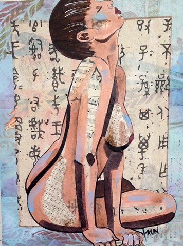 Portrait of nude woman on Asian scripted background.
