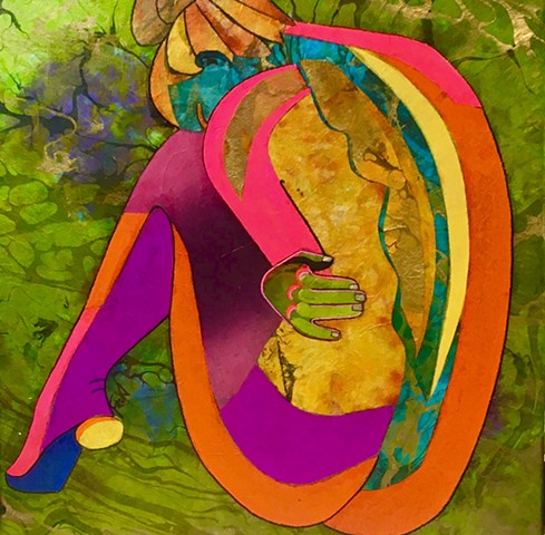 Nude woman in "hunched over" pose. Colorful. Made of decorative collaged paper.