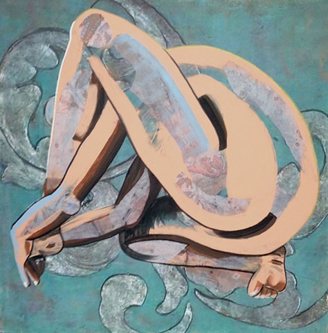 Figure of a contorted woman on blueish grey background.