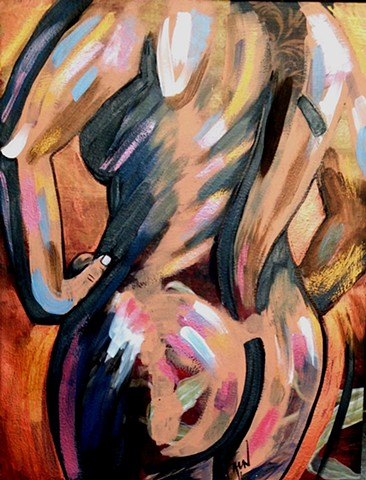 Portrait of a zaftig nude woman from the back view. Colorful acrylic painting.