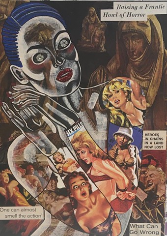 Collage and mixed media images of models "tattooed" in Pulp Art magazine images.