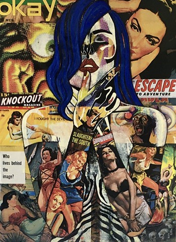 Collage and mixed media images of models "tattooed" in Pulp Art magazine images.