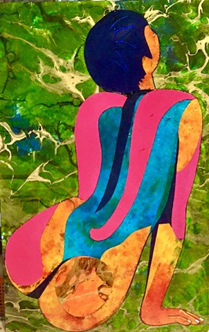 Color block full back view nude. Collaged in bright colors.