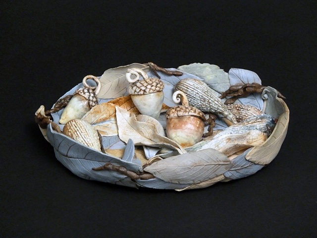 Blue Leaf bowl with acorns and pods
