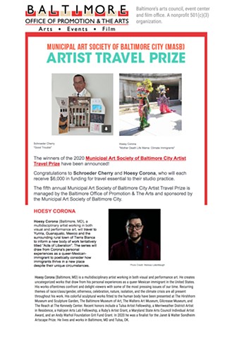 Hoesy Corona Awarded a Municipal Arts Society of Baltimore City Artist Travel Prize 2020!