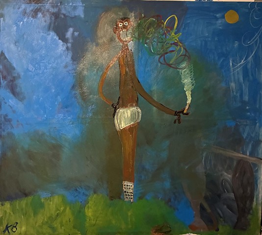 Man in Underpants in Park with Black Gloves