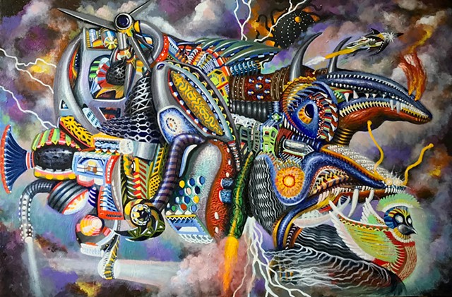 The painting depicts a dense, machine-like entity that appears to be in motion, possibly a vehicle or creature, set against a background of clouds and a vibrant, purplish sky. The structure is intricate, incorporating numerous mechanical components, organic forms, eyes, and reptilian heads, suggesting a fusion of man, machine, and animalistic tendencies.  The artist uses a process of "automatic drawing" to allow unconscious forms to emerge, reflecting themes of repressed childhood memories influenced by "techno-utopian dreams and their subsequent decline". The work is part of a "twilight zone" where the artist explores the tension between: 