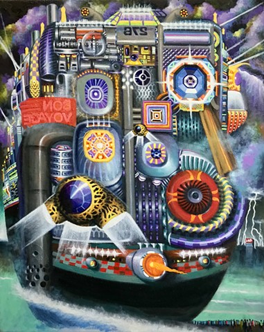 The central figure dominates the canvas, seemingly emerging from or travelling through a misty environment. There are abstract architectural or urban elements visible in the background on the lower right. The overall atmosphere is one of technological complexity and metamorphosis, suggesting a transformation between organic and artificial forms. 