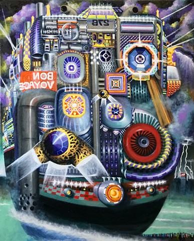The central figure dominates the canvas, seemingly emerging from or travelling through a misty environment. There are abstract architectural or urban elements visible in the background on the lower right. The overall atmosphere is one of technological complexity and metamorphosis, suggesting a transformation between organic and artificial forms. 