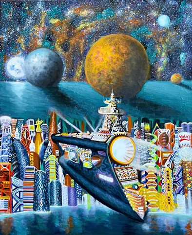 This painting depicts a large spaceship-like vessel amidst a vibrant, futuristic cityscape under a starry sky with large planets, a recurring theme in my work that merges the familiar with the uncanny. 