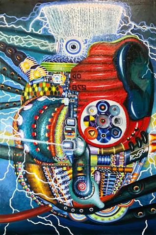 The painting features a complex, brightly colored composition with visible mechanical components and wiring seemingly integrated into a large, abstract face or figure. Jagged white lines suggesting electricity or energy surround the central image. The artist uses automatic drawing techniques, allowing unconscious forms to emerge, resulting in a unique visual language that merges the familiar with the unfamiliar. 