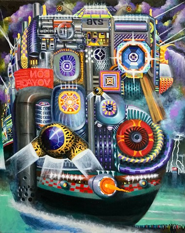 The central figure dominates the canvas, seemingly emerging from or travelling through a misty environment. There are abstract architectural or urban elements visible in the background on the lower right. The overall atmosphere is one of technological complexity and metamorphosis, suggesting a transformation between organic and artificial forms. 