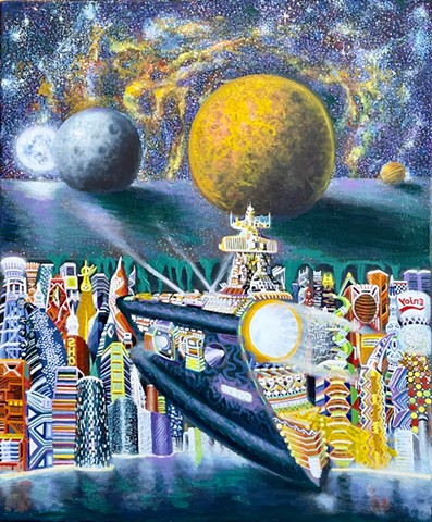 This painting depicts a large spaceship-like vessel amidst a vibrant, futuristic cityscape under a starry sky with large planets, a recurring theme in my work that merges the familiar with the uncanny. 
