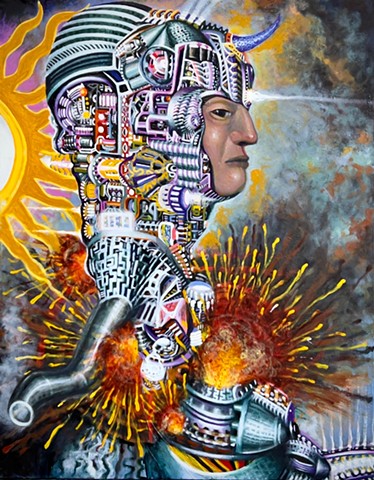 The painting features a profile portrait of a humanoid figure whose head and upper body are constructed from intricate, colorful, machine-like components, resembling a cyborg or a complex piece of machinery. The figure is set against a background featuring bright, starburst-like explosions, contributing to the futuristic and slightly chaotic "twilight zone" aesthetic the artist describes. 