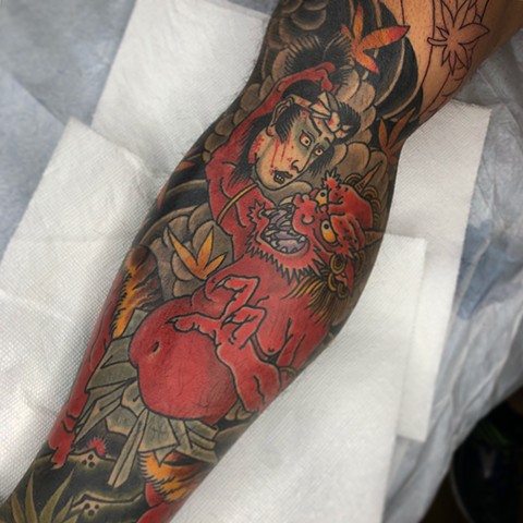 Japanese Oni leg sleeve  by Fran Massino at stay humble tattoo company in baltimore maryland the best tattoo shop and artist in baltimore maryland specializing in Japanese tattoo