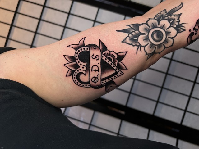 Heart and banner tattoo by Jason Ziegler