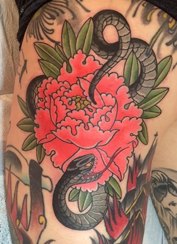 Japanese Snake and Peony Tattoo By FranMassino