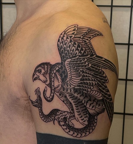 Falcon and snake tattoo by Alecia Thomasson