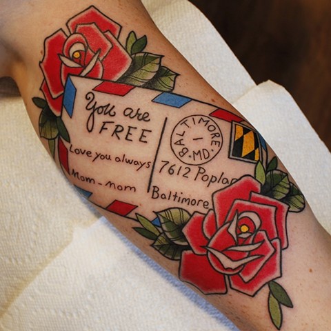 Postcard tattoo by Fran Massino of Stay Humble Tattoo Company in Baltimore Maryland