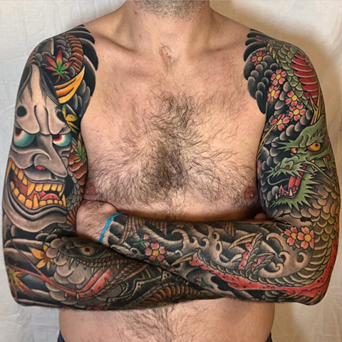 Full japanese sleeves  by Fran Massino at stay humble tattoo company in baltimore maryland the best tattoo shop and artist in baltimore maryland specializing in Japanese tattoo