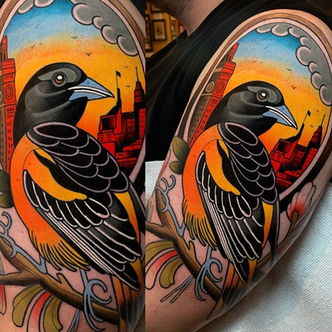 baltimore oriole tattoo by tattoo artist dave wah at stay humble tattoo company in baltimore maryland the best tattoo shop in baltimore maryland