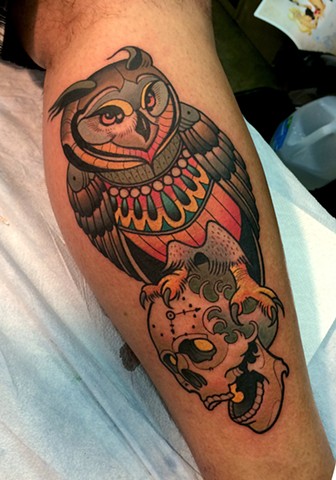 owl and skull tattoo by dave wah at stay humble tattoo company in baltimore maryland the best tattoo shop in baltimore maryland