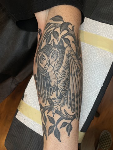 Healed owl with mouse tattoo by Alecia Thomasson