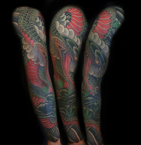 Japanese snake Sleeve cover up  by Fran Massino at stay humble tattoo company in baltimore maryland the best tattoo shop and artist in baltimore maryland specializing in Japanese tattoo