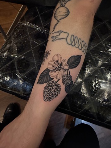 Flower with blackberries tattoo by Connie Kang
