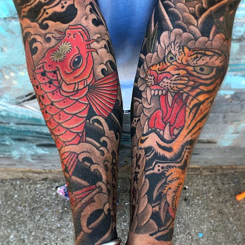 Koi and Tiger Half Sleeves done by Fran Massino at Stay humble Baltimore Tattoo Shop Japanese Tattoo