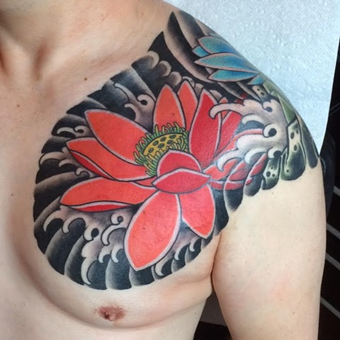 Japanese Lotus Chest panel tattoo by Fran Massino 