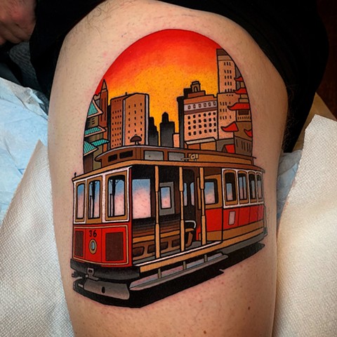 vintage cable car tattoo by dave wah at stay humble tattoo company in baltimore maryland the best tattoo shop and artist in baltimore maryland