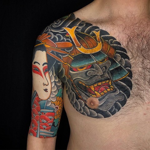 Hannya and geisha half sleeve by Fran Massino at stay humble tattoo company in baltimore maryland the best tattoo shop and artist in baltimore maryland specializing in Japanese tattoo