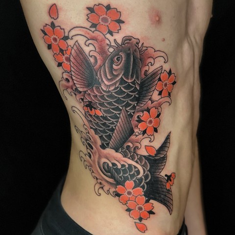 Koi and cherryblossoms  by Fran Massino at stay humble tattoo company in baltimore maryland the best tattoo shop and artist in baltimore maryland specializing in Japanese tattoo 