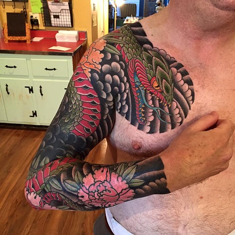 Chuck's Snake Sleeve by Fran Massino of Stay Humble Tattoo Company in Baltimore Maryland
