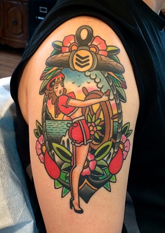 pin up and landscape tattoo by dave wah at stay humble tattoo company in baltimore maryland the best tattoo shop in baltimore maryland