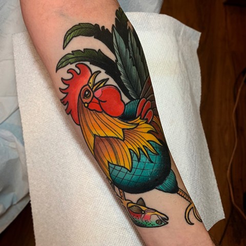 rooster tattoo by tattoo artist dave wah at stay humble tattoo company in baltimore maryland the best tattoo shop in baltimore maryland