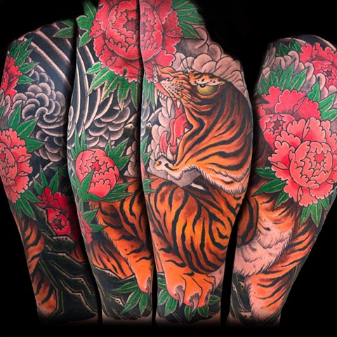 Japanese tiger Sleeve done by Fran Massino at Stay humble Baltimore Tattoo Shop Japanese Tattoo