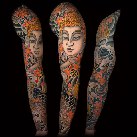 Buddha and koi sleeve done by Fran Massino at Stay humble Baltimore Tattoo Shop Japanese Tattoo